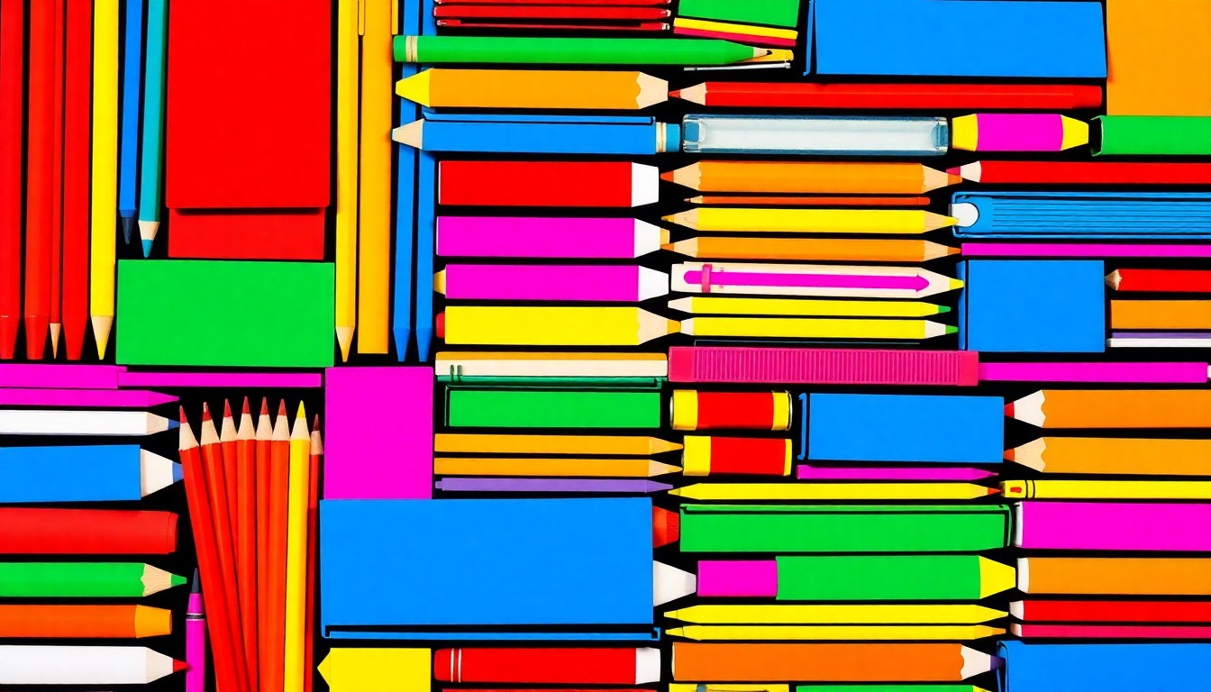 A vibrant, high-contrast silkscreen print of a grid of colorful school supplies, including pencils, notebooks, and erasers, in a pop art style that captures the essence of the story about calendar changes for year-round schools.