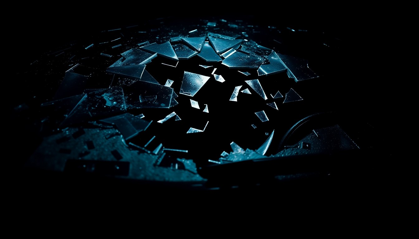 An extreme close-up photograph of a shattered car windshield or other damaged vehicle part, capturing the gritty aftermath of a fatal crash in stark, dramatic lighting.