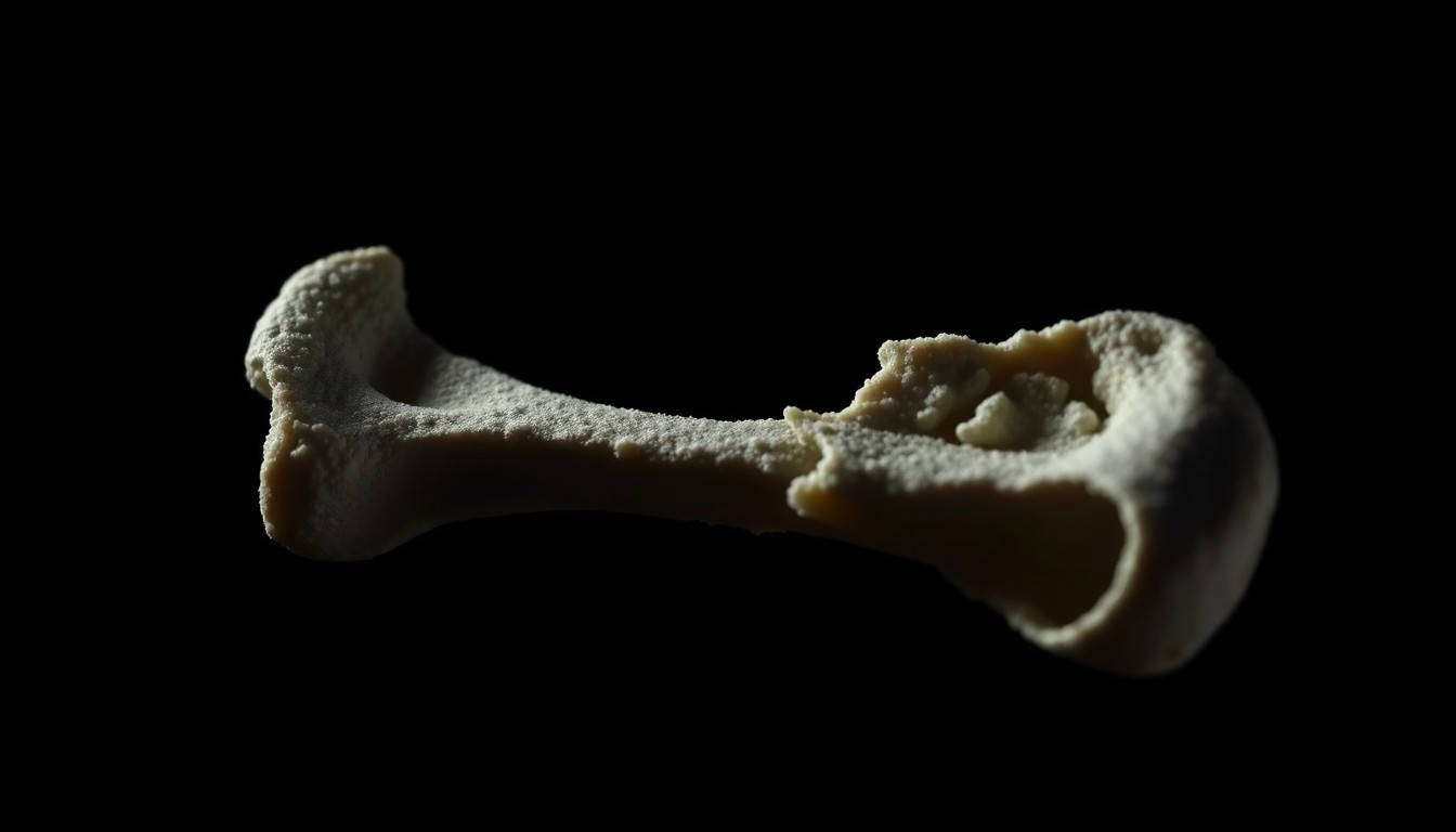 An extreme close-up photograph of a broken bone fragment or other physical evidence from the crime scene, lit by a harsh, direct camera flash against a pitch-black background, conceptually illustrating the violent nature of the crime.