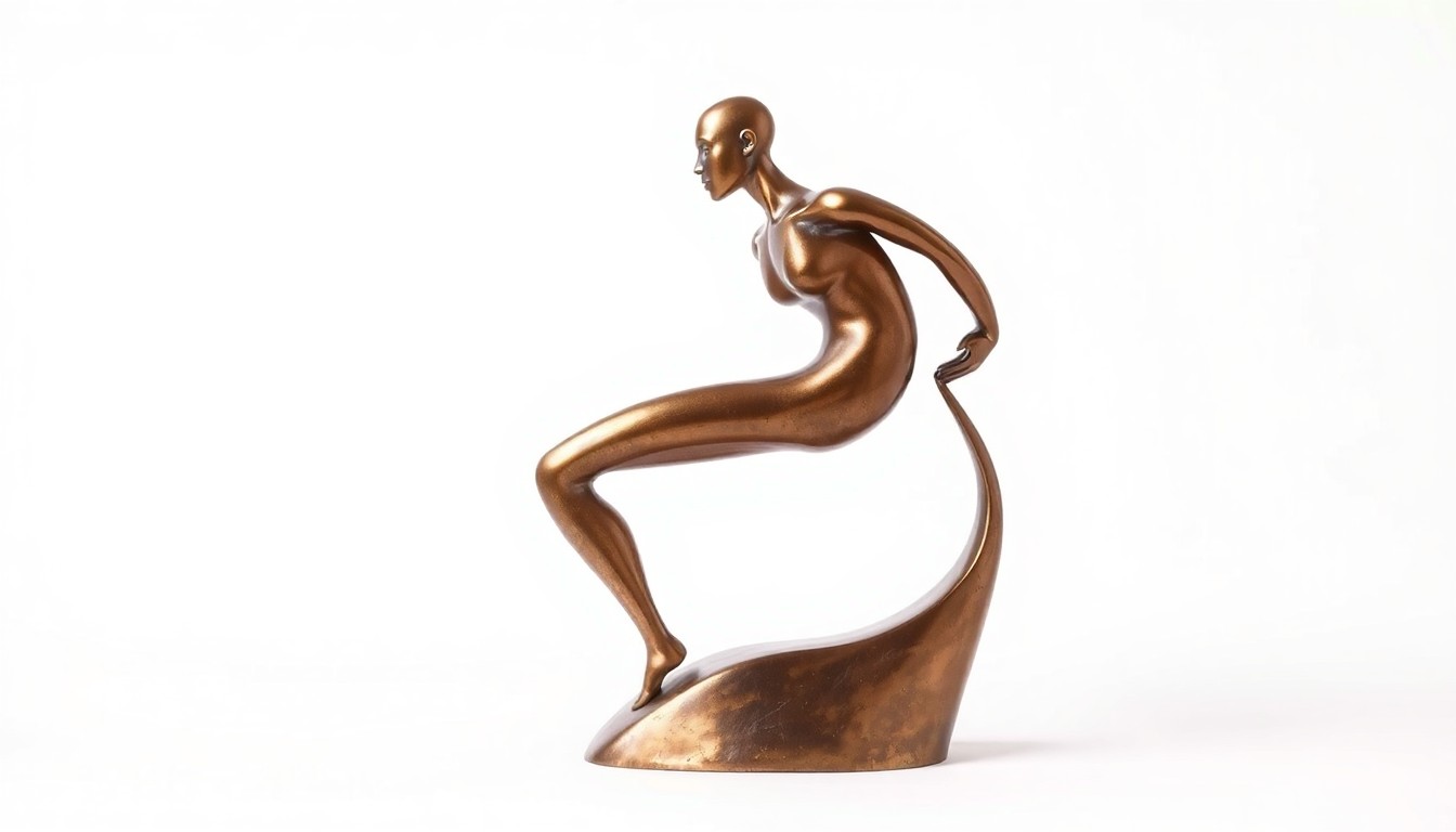 A photorealistic studio still-life image featuring a polished bronze sculpture of an abstract human figure on a clean white background, representing the cultural significance of the Memphis Art Museum.