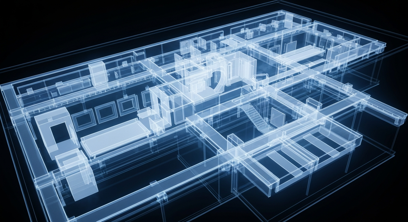 A translucent, X-ray-style illustration revealing the internal layout and equipment of the new Jackson Memorial Hospital emergency room, with glowing lines and shapes representing the various treatment spaces and patient flow.