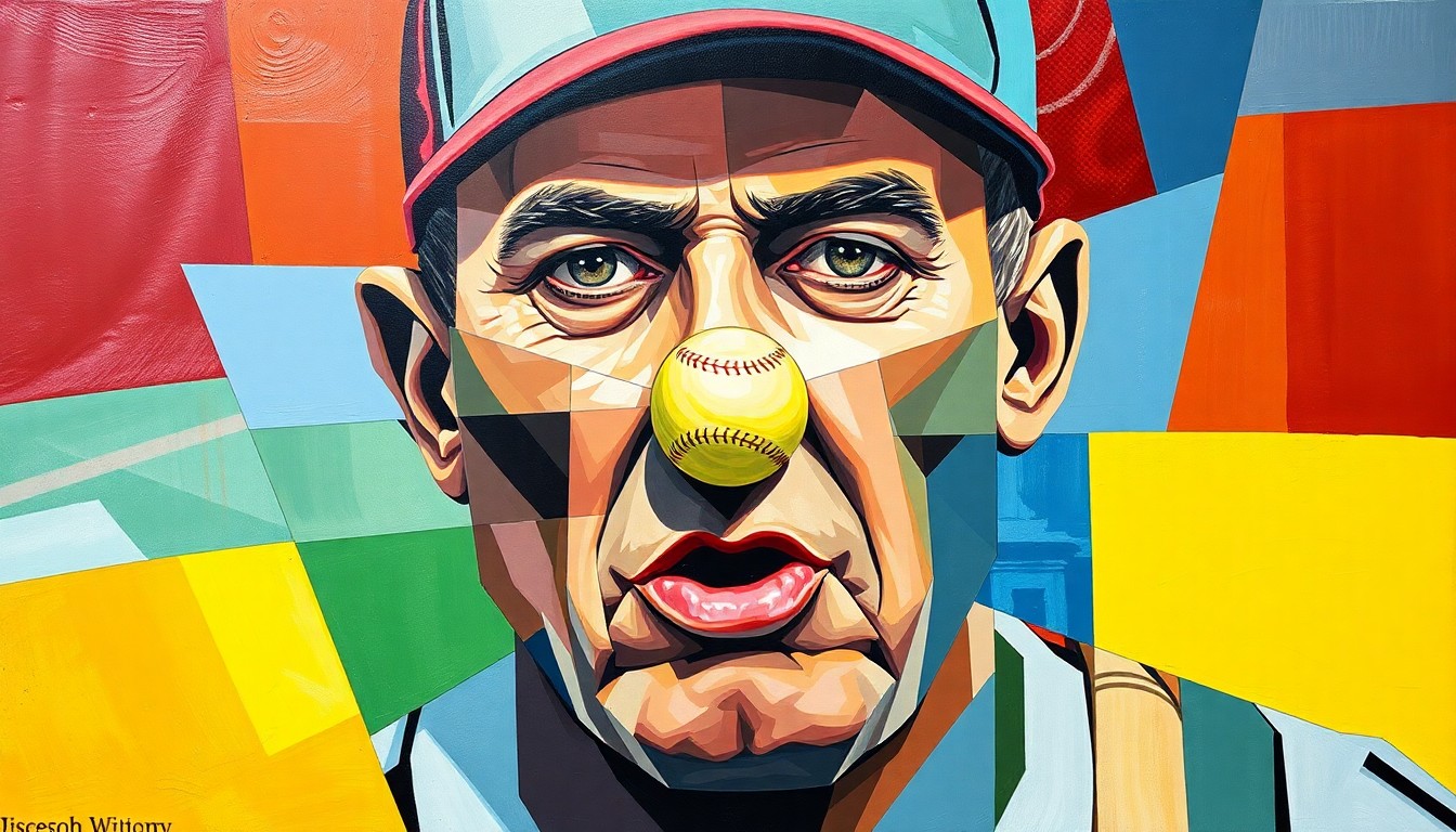 A cubist, geometric painting depicting a baseball manager being struck in the face by a foul ball, with the impact broken down into sharp, overlapping planes of color and form.