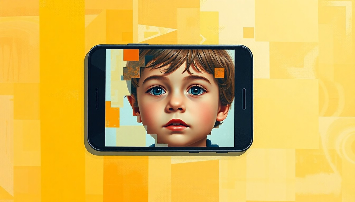 A fragmented, abstract painting of a smartphone screen displaying a distorted, pixelated image of a child's face, conveying the concept of AI-generated exploitation and the need for stronger legal protections.