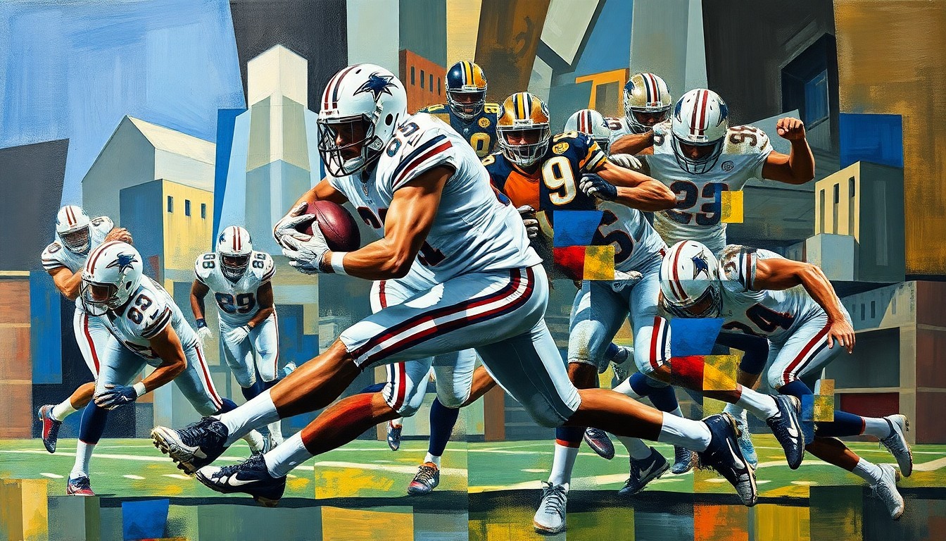 A fragmented, geometric painting depicting the forceful movements of a defensive tackle making a tackle, with overlapping planes of color and shape representing the multifaceted nature of evaluating a player's NFL potential.