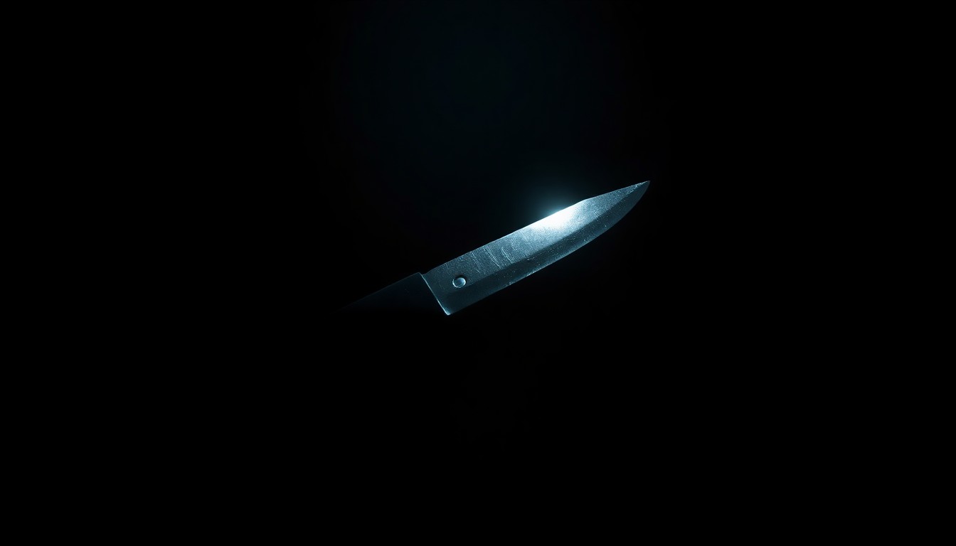 An extreme close-up photograph of a single piece of police evidence, such as a knife or broken glass, lit by a harsh camera flash against a pitch-black background, conveying a stark, gritty, and investigative aesthetic without depicting any violence, victims, or literal crime scenes.