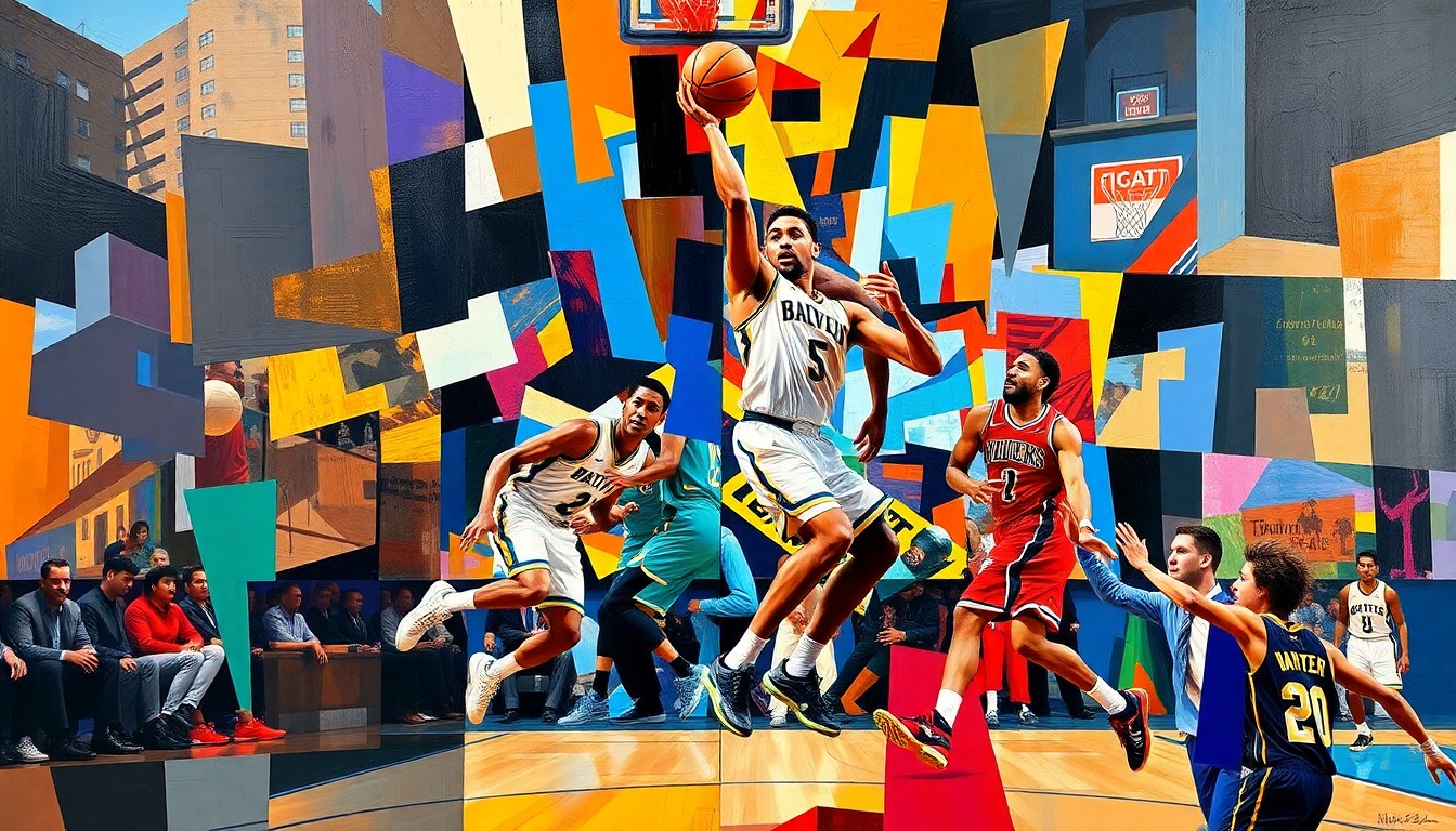 A fragmented, geometric painting depicting the motion and intensity of a basketball player in action, with the colors of the Memphis Tigers and Pitt Panthers uniforms interwoven throughout the abstract composition.