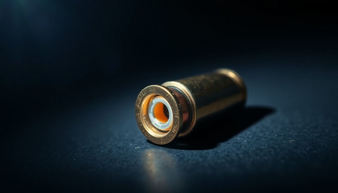 An extreme close-up photograph of a spent bullet casing on a dark surface, reflecting a harsh, direct camera flash. The image conceptually illustrates the aftermath of a violent incident without depicting any graphic violence.
