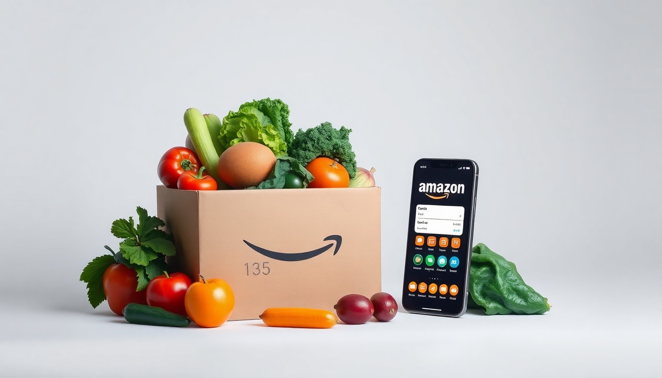 A photorealistic studio still life featuring fresh produce, a delivery box, and a smartphone displaying the Amazon app, conceptually representing the growth of e-commerce and evolving grocery industry.