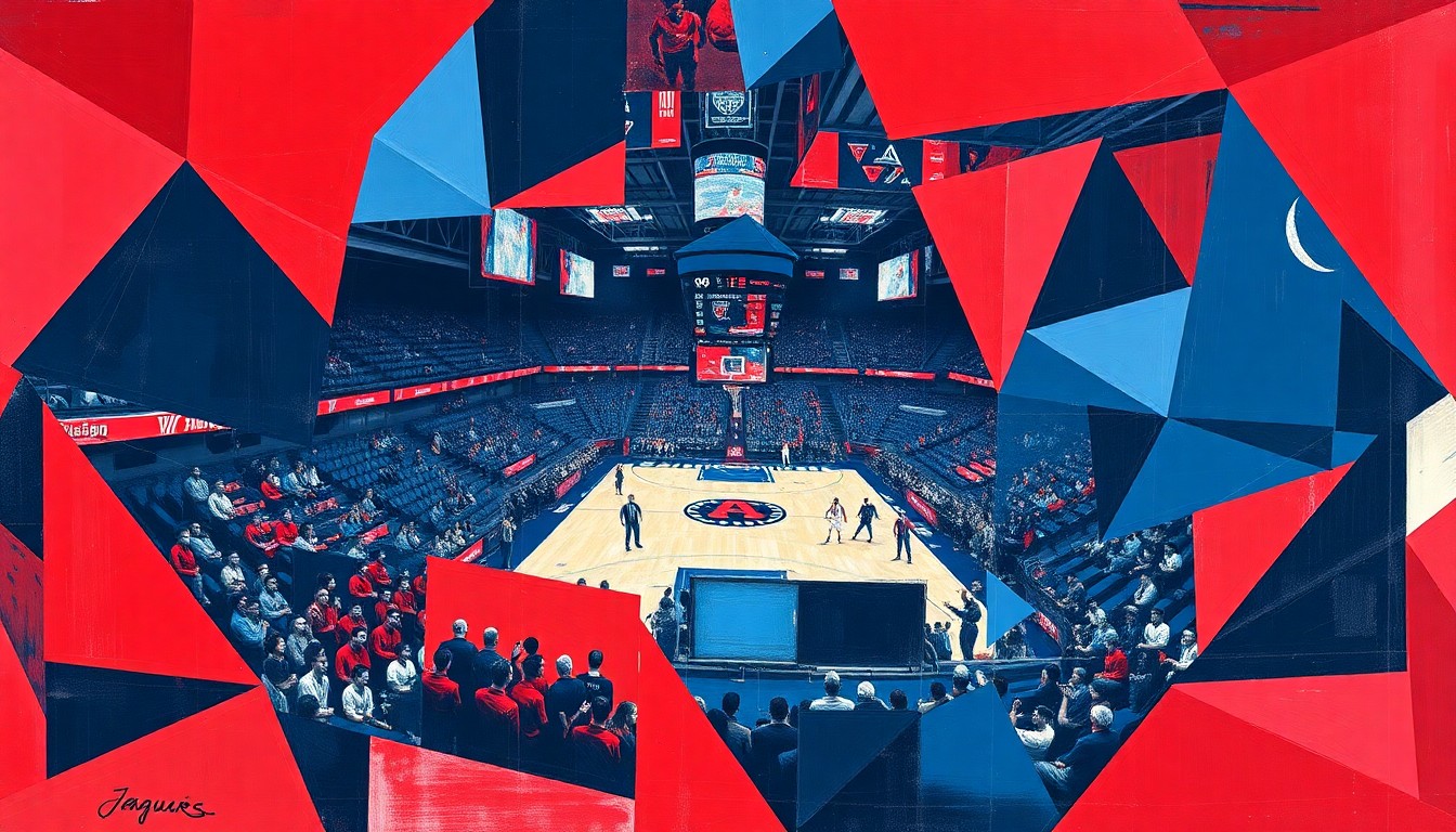 A cubist, geometric painting in navy blue and red, breaking down a college basketball game into sharp, overlapping planes and shapes, conceptually representing the stability and continuity of the University of South Alabama's men's basketball program under Coach Richie Riley.