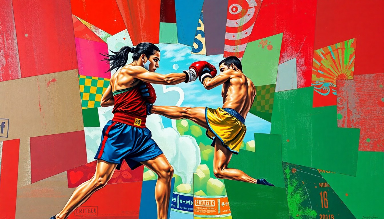 A fractured, multi-perspective painting featuring sharp, overlapping geometric planes in vibrant colors that capture the dynamic movements and energy of a young Muay Thai fighter.