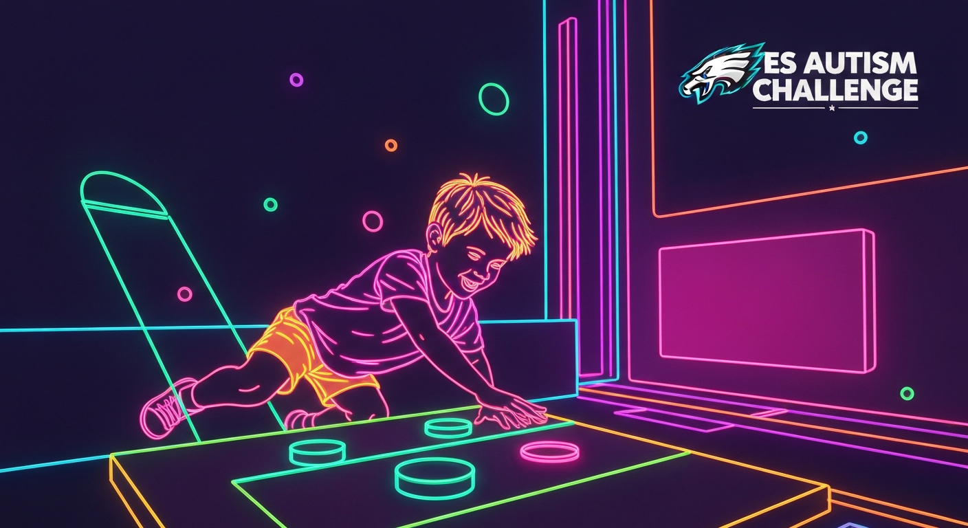 A glowing, neon-outlined illustration of a child playing in a sensory-friendly environment, with vibrant colors and dynamic shapes that capture the energy and joy of the event.