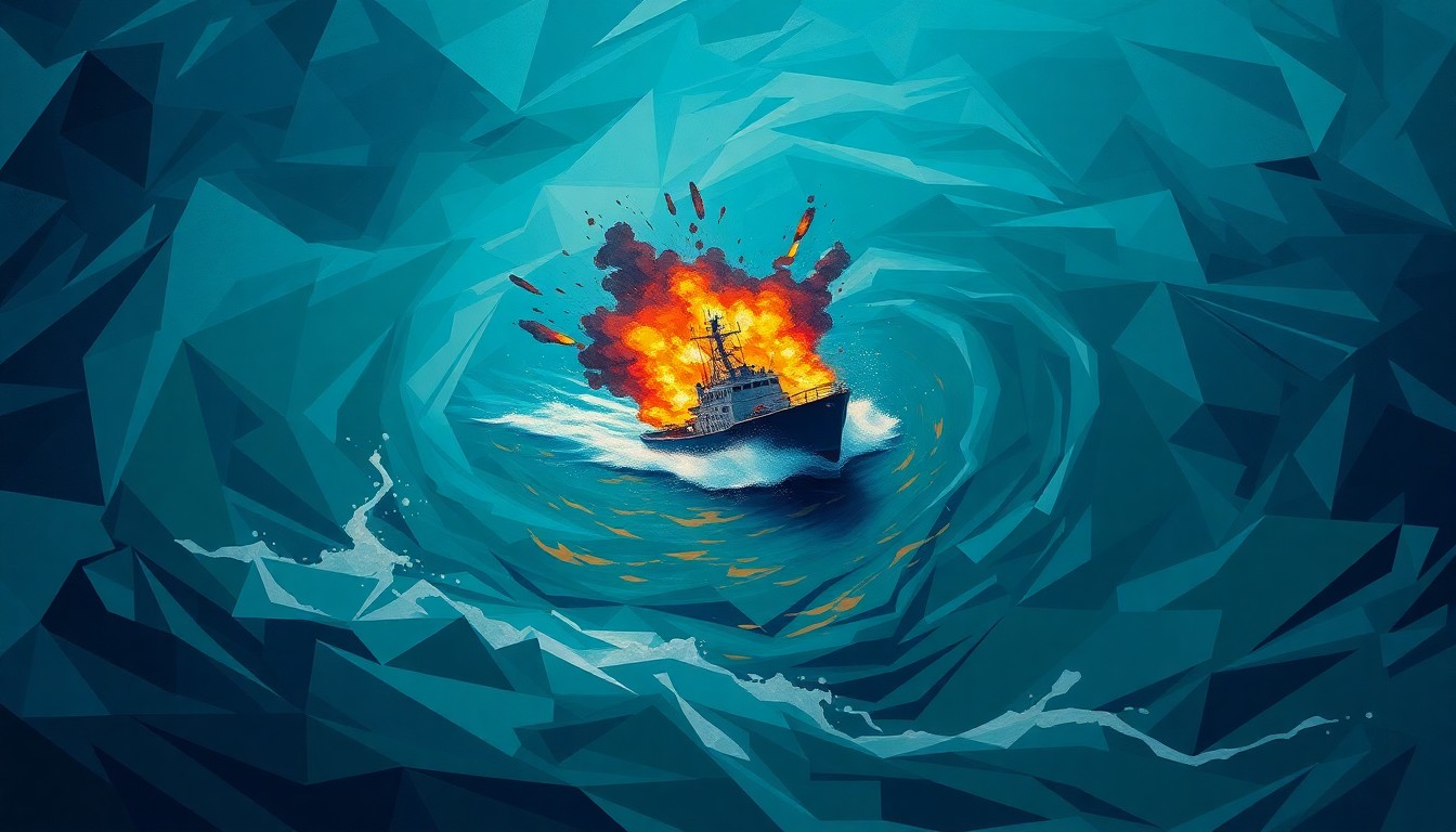 A dynamic, abstract painting of an exploding boat in a turbulent sea, conveying the chaotic and violent nature of the U.S. military's attacks on suspected drug smuggling vessels.
