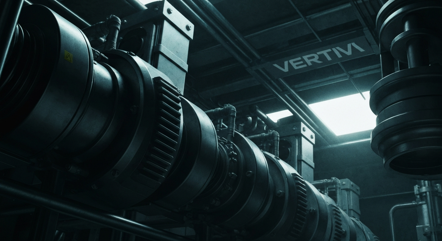 An extreme close-up of industrial machinery and equipment, such as cooling systems, power supplies, and data racks, conveying the complex and vital role Vertiv plays in supporting the digital economy.