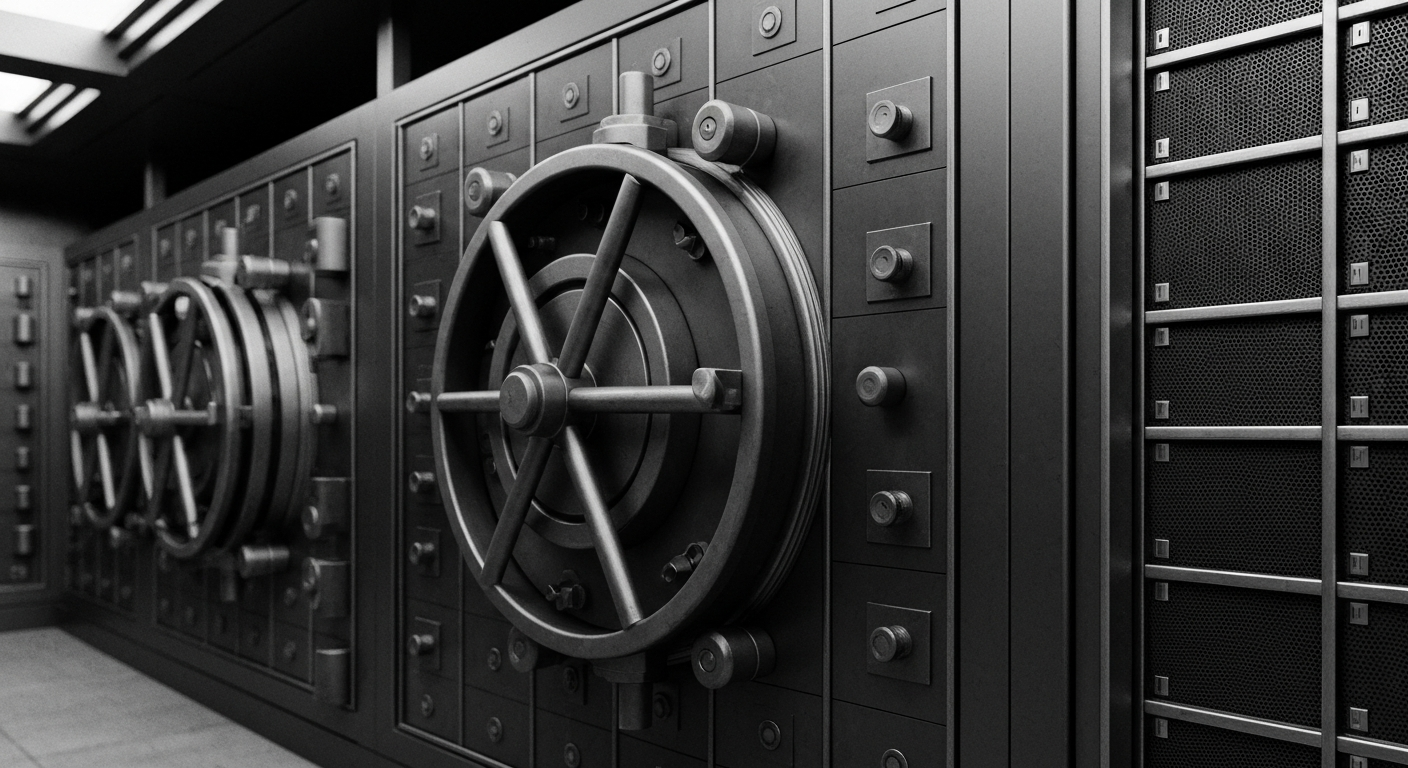 A high-contrast, close-up image of heavy, industrial banking equipment and infrastructure, conveying the tangible, mechanical nature of the financial system and the potential volatility facing South Plains Financial.