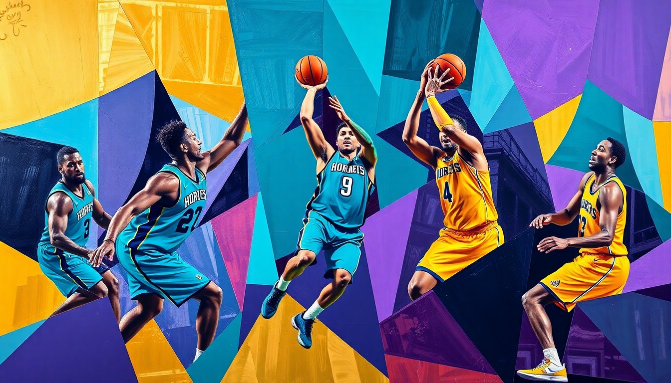 A cubist, geometric painting depicting a Hornets basketball game, with the players' forms abstracted into angular, interlocking shapes in a vibrant color palette of teal, purple, and gold.
