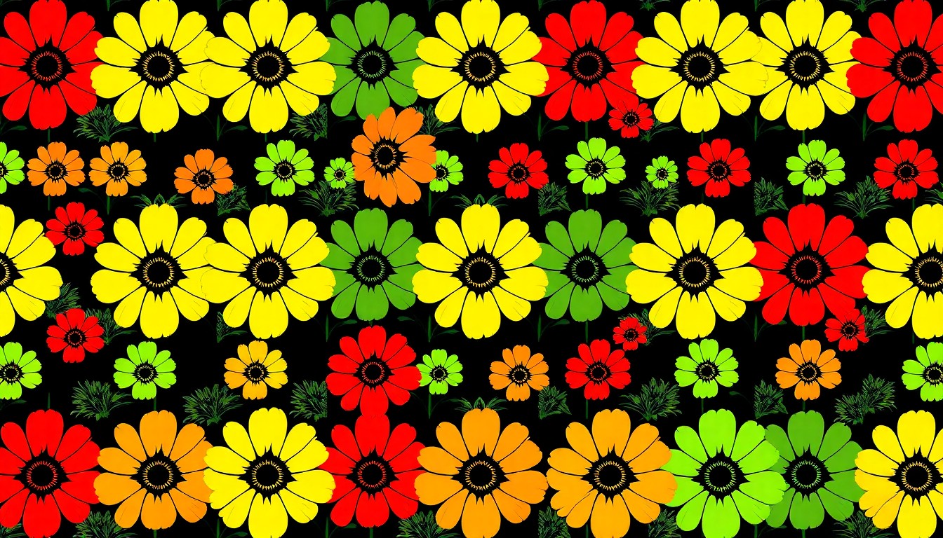 A bold, graphic illustration made up of repeating patterns of a single, iconic flower or plant rendered in a high-contrast, neon color palette, conceptually representing the energy and visual splendor of the annual Flower Day celebration at Detroit's Eastern Market.