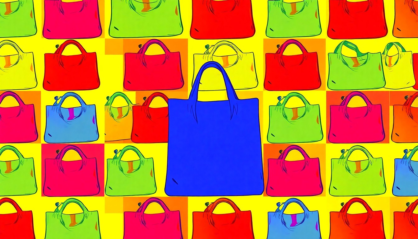 A high-contrast, brightly colored silkscreen print of a reusable grocery bag repeated in a grid, conceptually representing the iconic status of a community-focused natural food store.