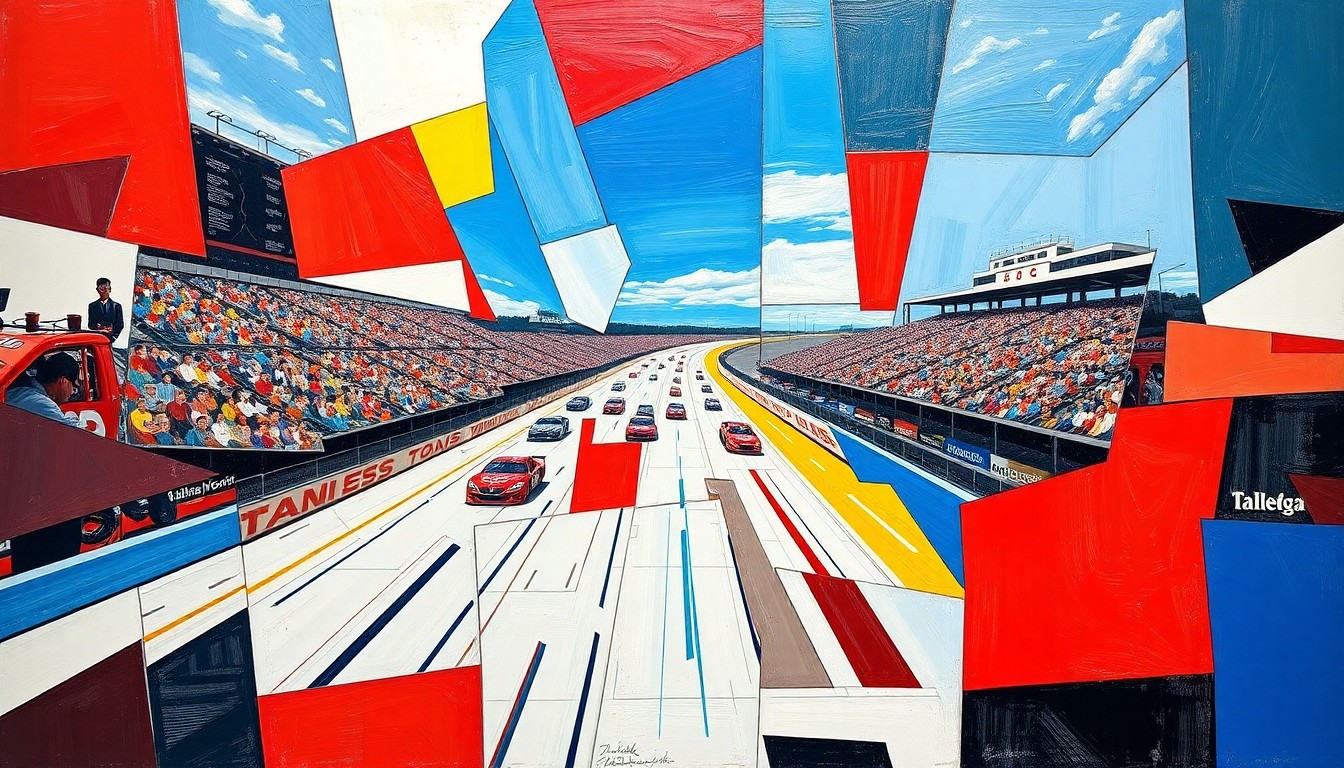 A fractured, multi-perspective painting in bold, geometric shapes and colors, capturing the energy and movement of a stock car race without any identifiable elements.