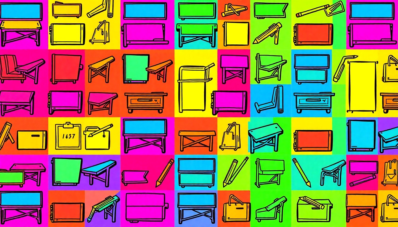 A brightly colored, high-contrast silkscreen print of a school desk repeated in a tight grid pattern, conceptually representing the pause in the middle school project design.
