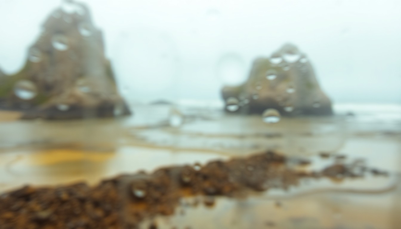 An abstract, impressionistic photograph of a coastal landscape, with soft, blurred shapes in warm, earthy tones representing the beach, ocean, and sky, conveying a sense of tranquility and environmental preservation.
