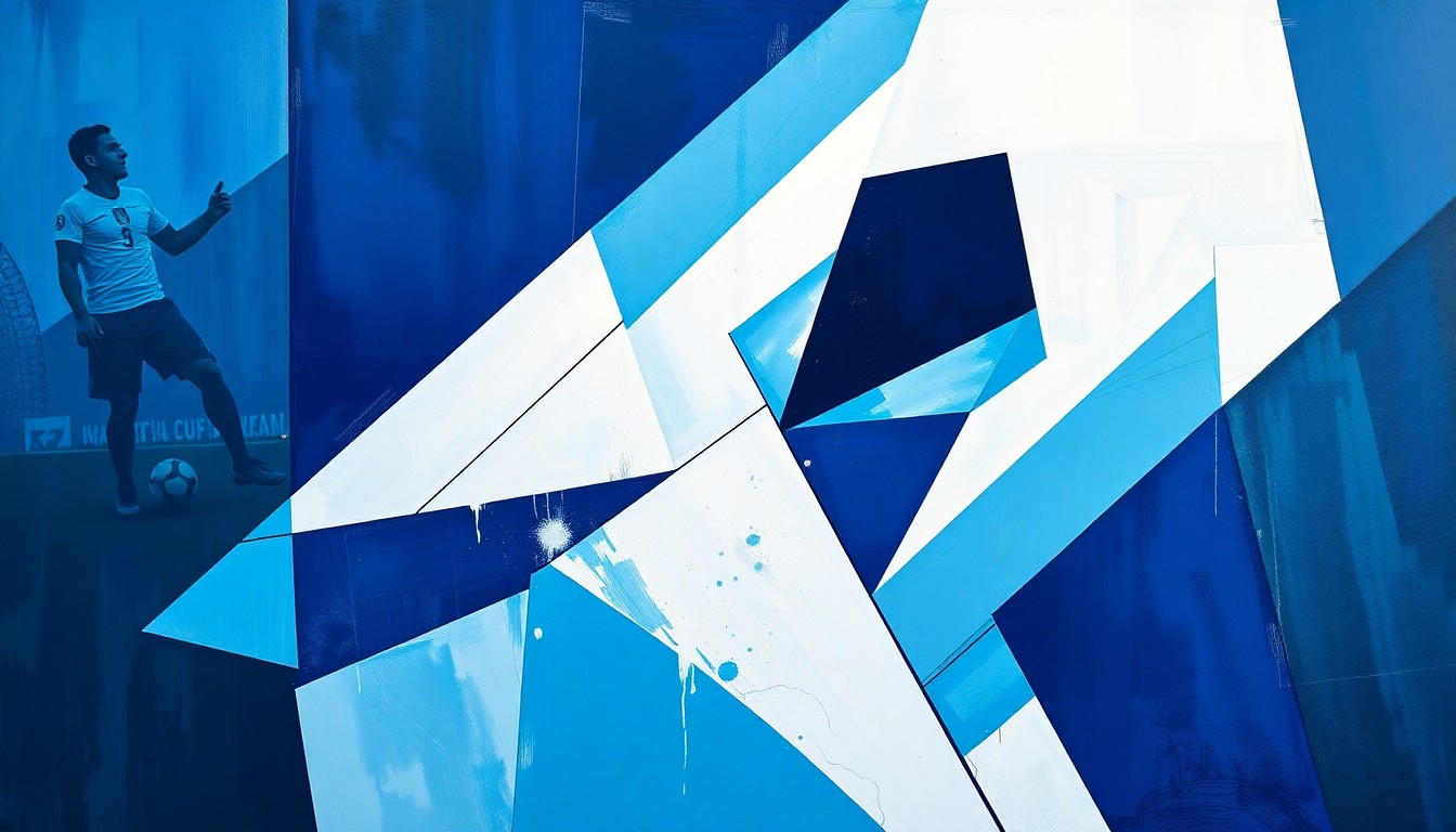 A cubist-style painting depicting a soccer match between Argentina and Venezuela, with the players and field broken down into sharp, overlapping geometric shapes in shades of blue, white, and navy, conveying the fractured nature of the legal dispute over Messi's absence from the exhibitions.
