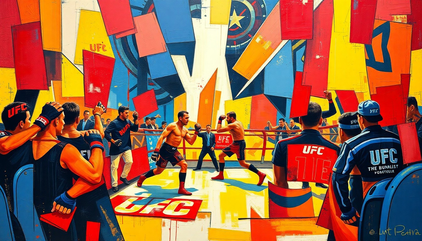 A cubist, geometric painting depicting the chaotic action of a UFC fight, with overlapping planes of red, blue, and yellow conveying the raw energy and intensity of the sport.