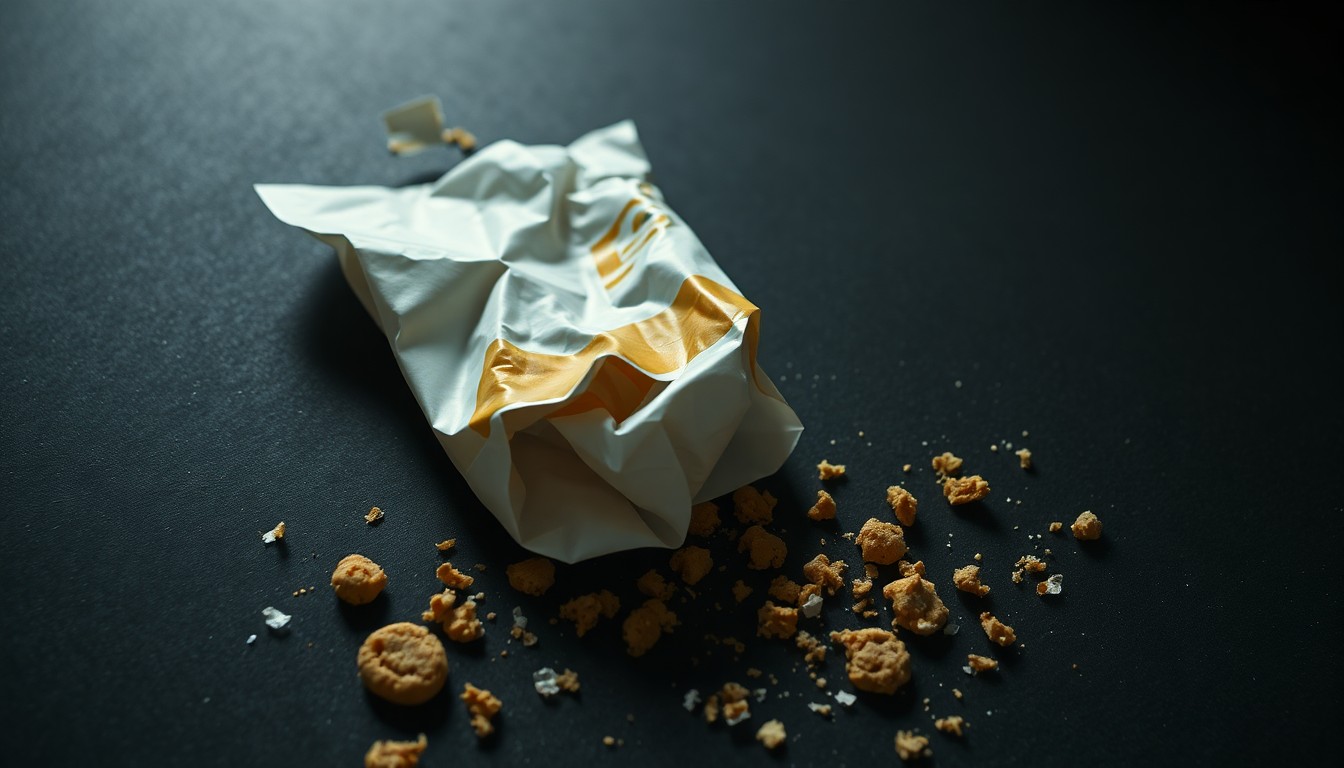 An extreme close-up photograph of a crumpled, discarded Subway sandwich wrapper and scattered cookie crumbs on a dark, shadowy surface, conveying the aftermath of a violent outburst.