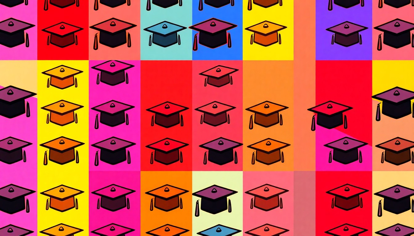 A bold, colorful silkscreen-style illustration featuring a repeating pattern of graduation cap icons in bright neon shades, conceptually representing the academic excellence and community leadership of Ohio's top high school students.