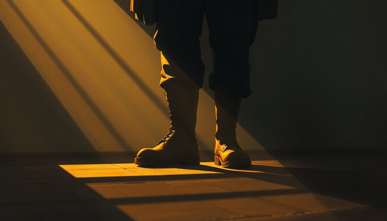 A close-up painting of a soldier's boots and equipment, with warm sunlight casting long shadows, conveying a sense of solitude and the emotional weight of wartime sacrifice.