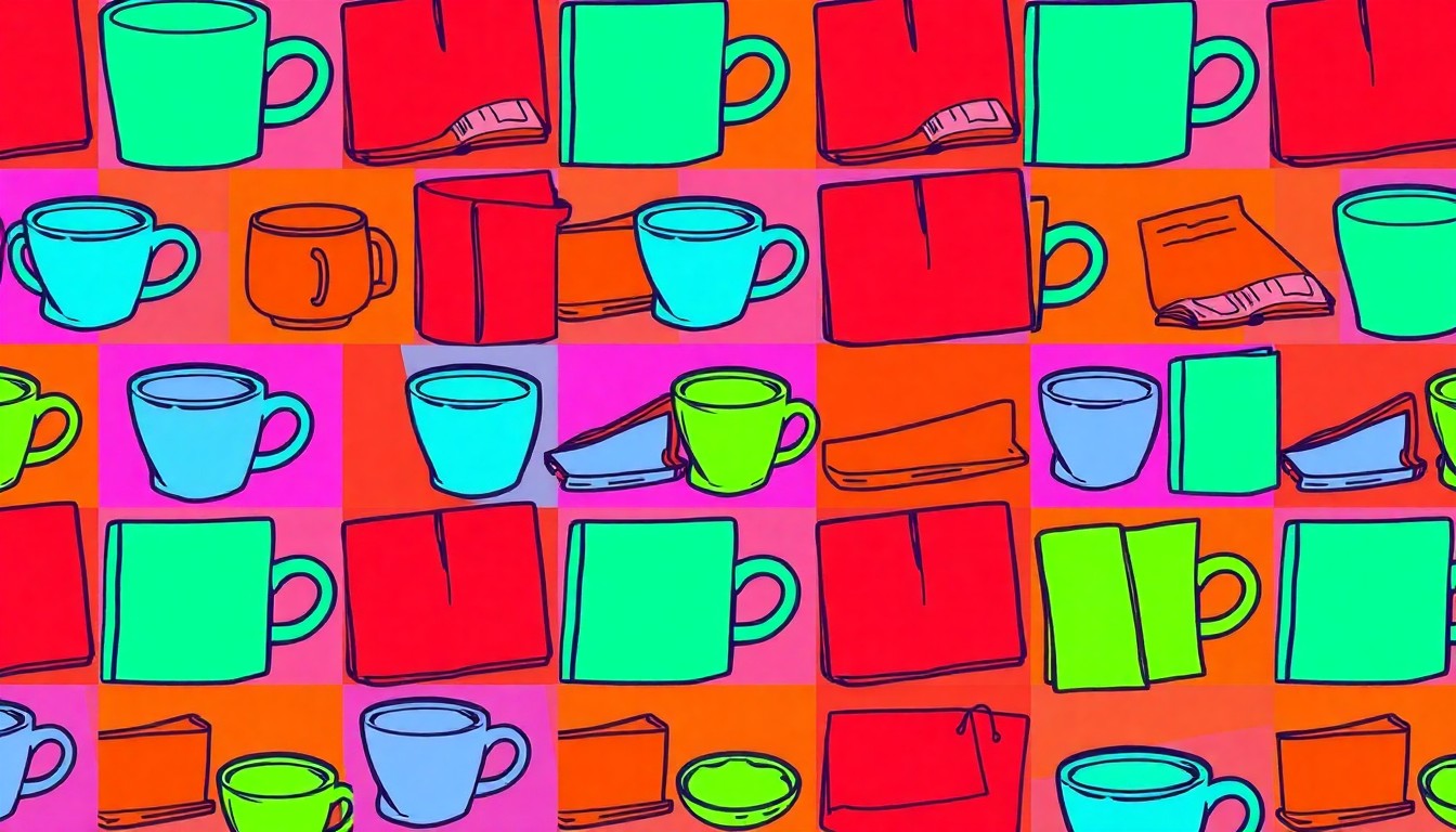 A brightly colored silkscreen print in neon shades of blue, green, and pink, featuring a repeated pattern of a simple coffee cup icon outlined in thick black lines, conceptually representing the meaningful connections forged between the Clarion, Iowa and Junik, Kosovo communities.