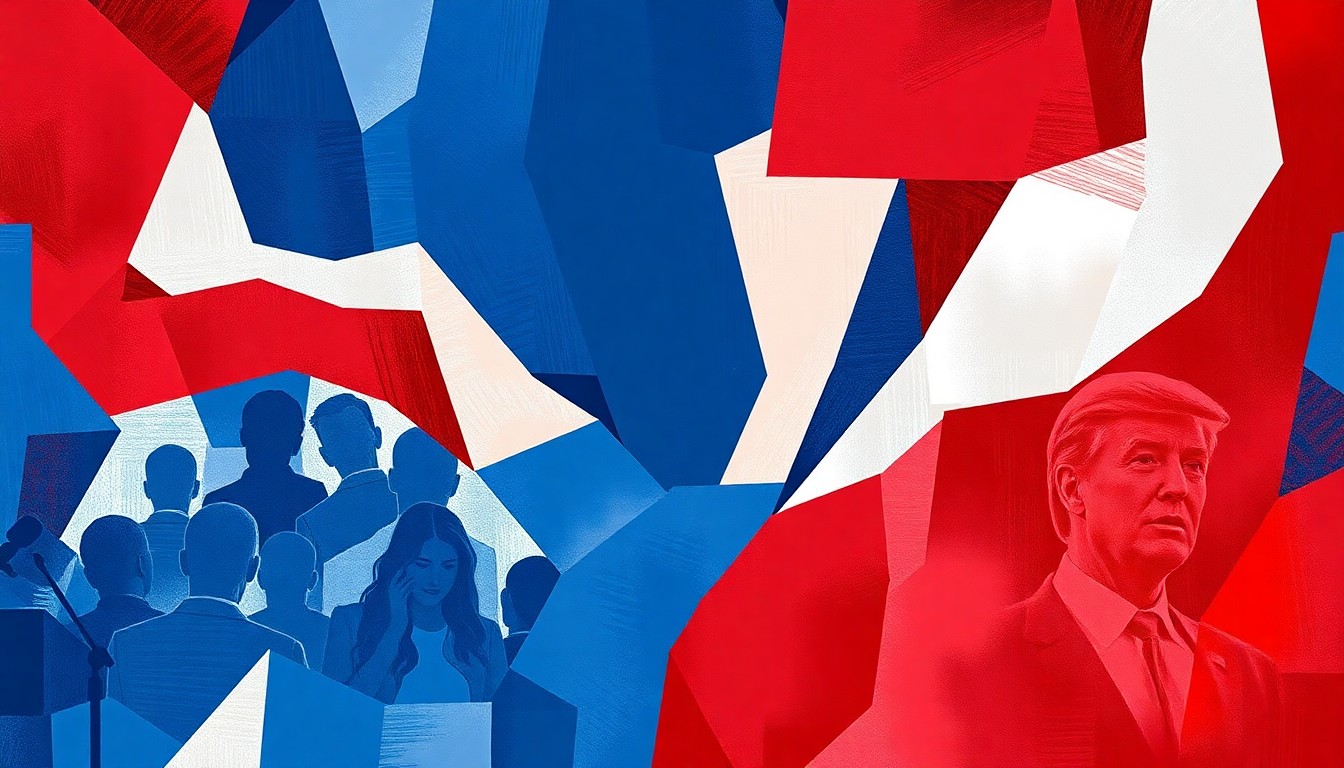 A fractured, abstract painting in red, white, and blue hues depicting a podium, microphone, and audience, conveying the divisive political discourse on a college campus.
