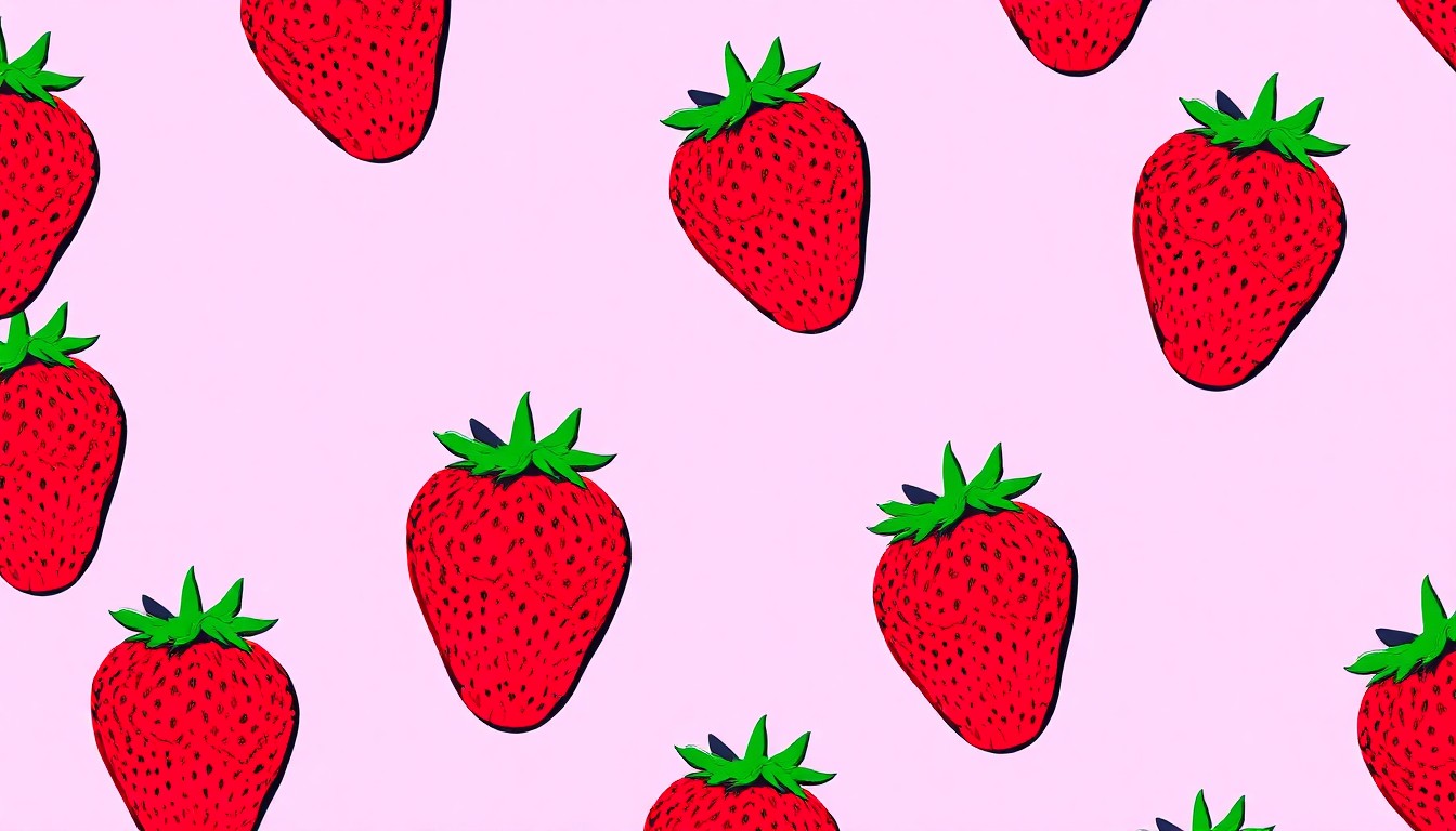 A brightly colored, high-contrast silkscreen print of a single, iconic strawberry repeated in a tight grid pattern, conceptually representing the vibrant celebration of local agriculture and seasonal produce at the Strawberry Fest.