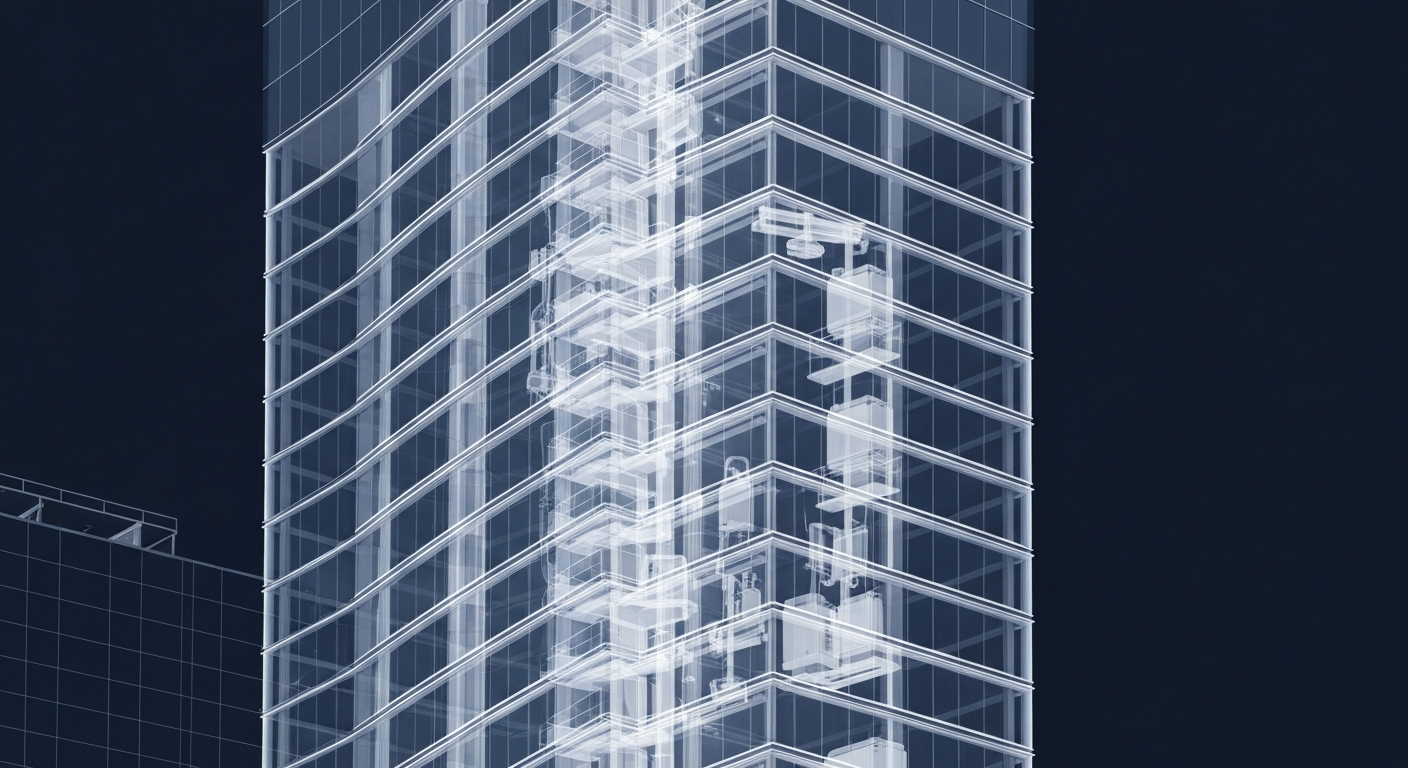 An X-ray-style photograph revealing the internal structure of a modern hospital tower, with glowing lines defining the architectural elements and medical equipment.