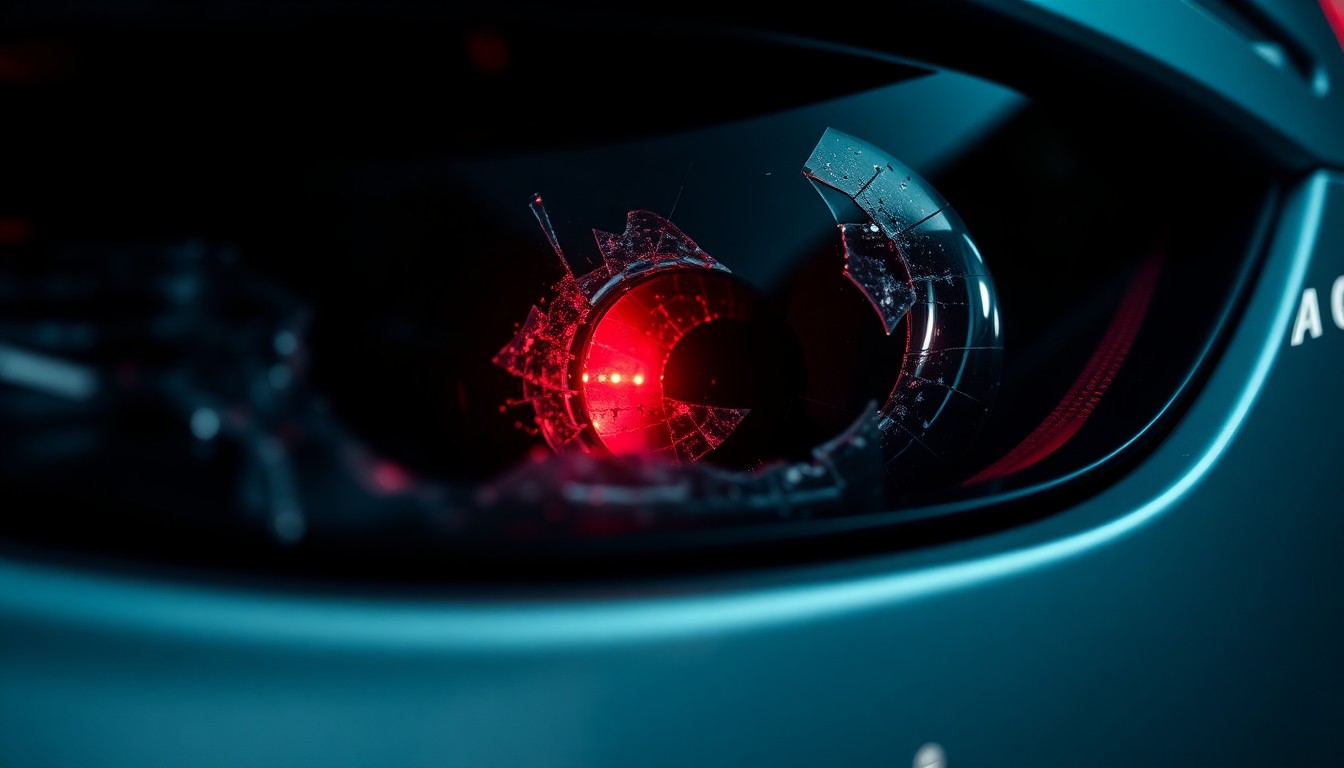 An extreme close-up of a shattered car sensor lens reflecting a faint red light, conceptually representing the theft of a luxury vehicle.