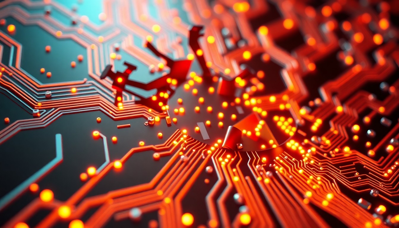 A highly detailed, glowing 3D illustration of a fractured, illuminated circuit board or data center infrastructure, representing the disruption and human impact of rapid AI adoption in corporate America.