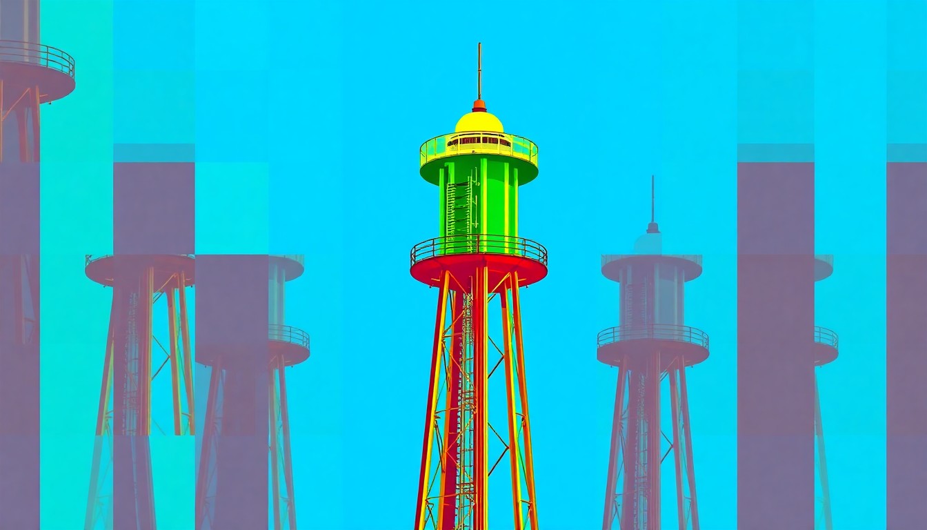 A bold, colorful silkscreen-style illustration featuring multiple repeating images of the distinctive Gas Works Park tower structure, rendered in a vibrant neon color palette with heavy black outlines, conceptually representing the park's iconic landmark status and the city's efforts to address safety concerns.
