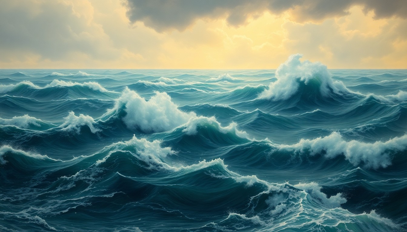A dramatic, atmospheric landscape painting depicting a stormy, turbulent ocean with powerful waves crashing against a distant shoreline, conveying the overwhelming scale and force of the natural elements.