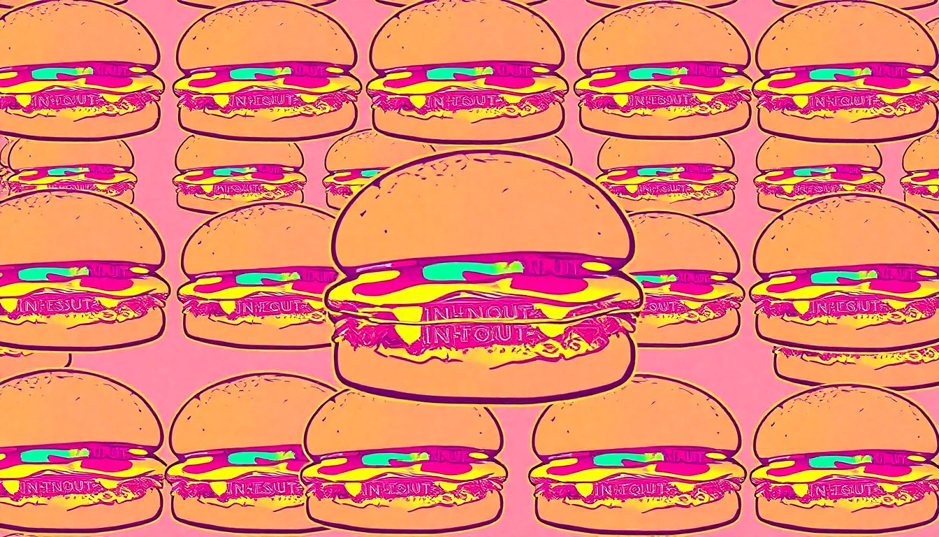 A vibrant, high-contrast silkscreen print of an In-N-Out Burger cheeseburger repeated in a grid pattern, capturing the iconic fast-food item in a modern pop art style.