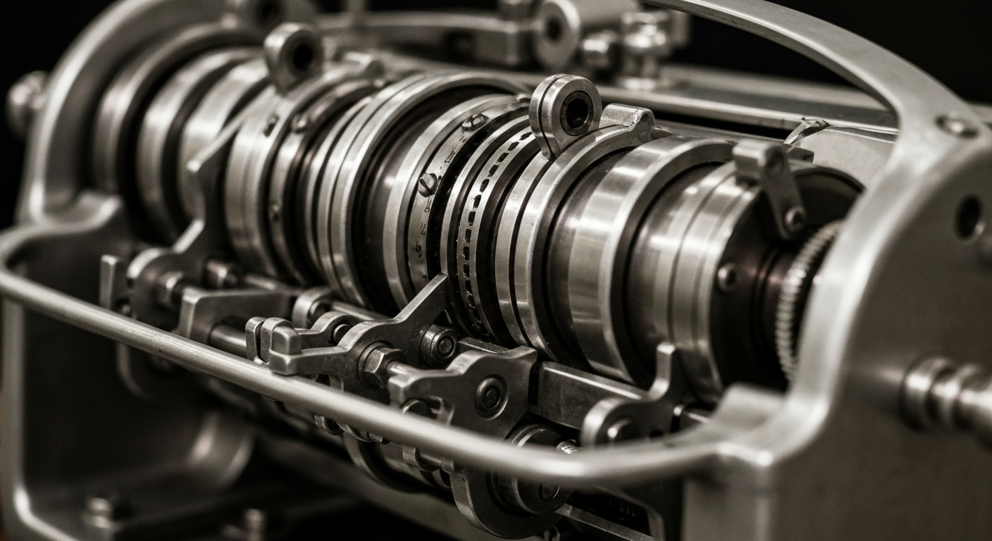 An extreme close-up of intricate, metallic banking mechanisms and gears, representing the complex financial infrastructure overseen by the Federal Reserve.