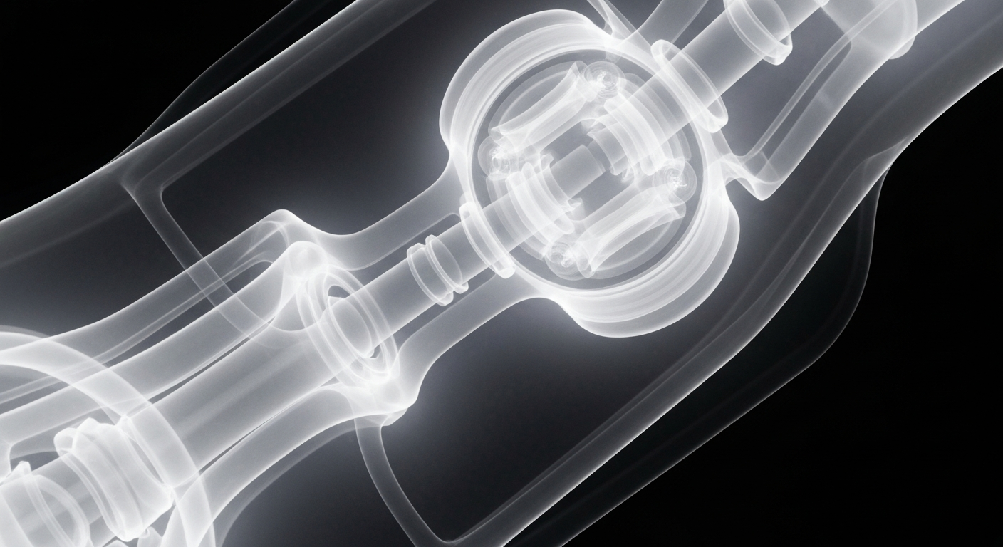 An extreme close-up of a translucent medical device, its internal components and structures visible as glowing, ghostly lines against a dark background, conceptually illustrating the advanced design and technology of the award-winning project.