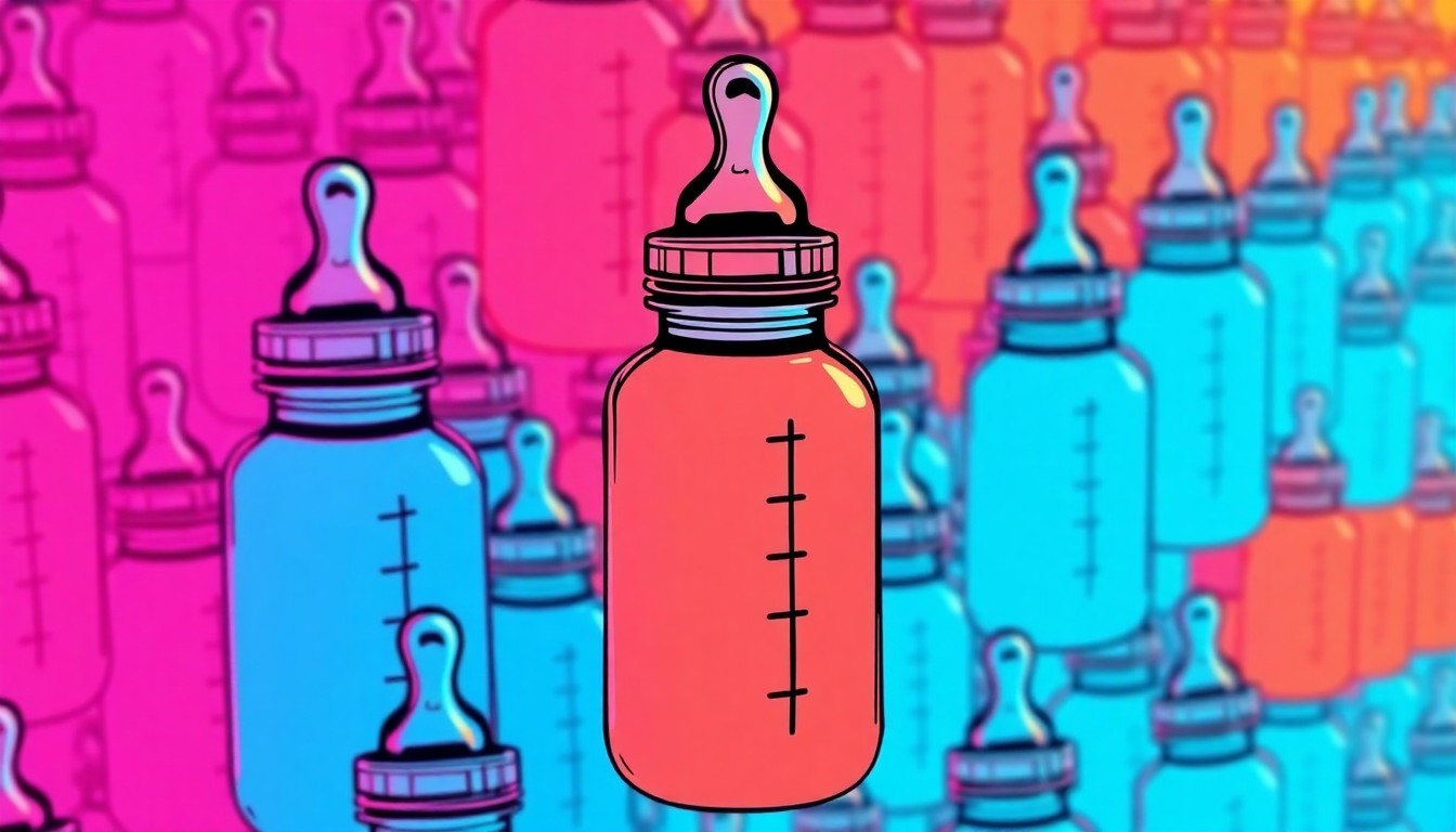 A brightly colored, high-contrast silkscreen-style illustration of a baby bottle repeated in a tight grid pattern, representing the idea of parenthood as a financial wake-up call that prompts estate planning.