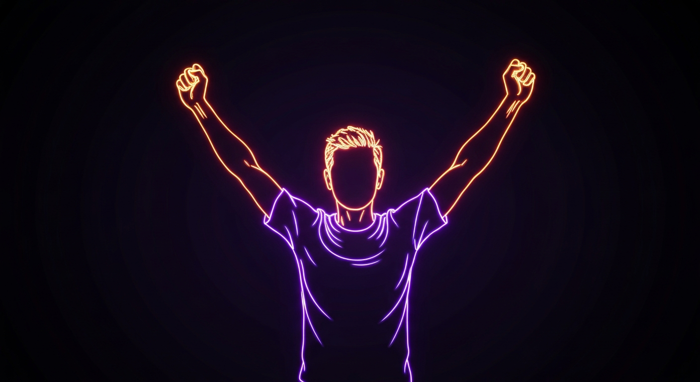 A minimalist, neon-outlined figure with arms raised in a gesture of triumph, representing the resilience and energy of overcoming addiction, against a dark background.