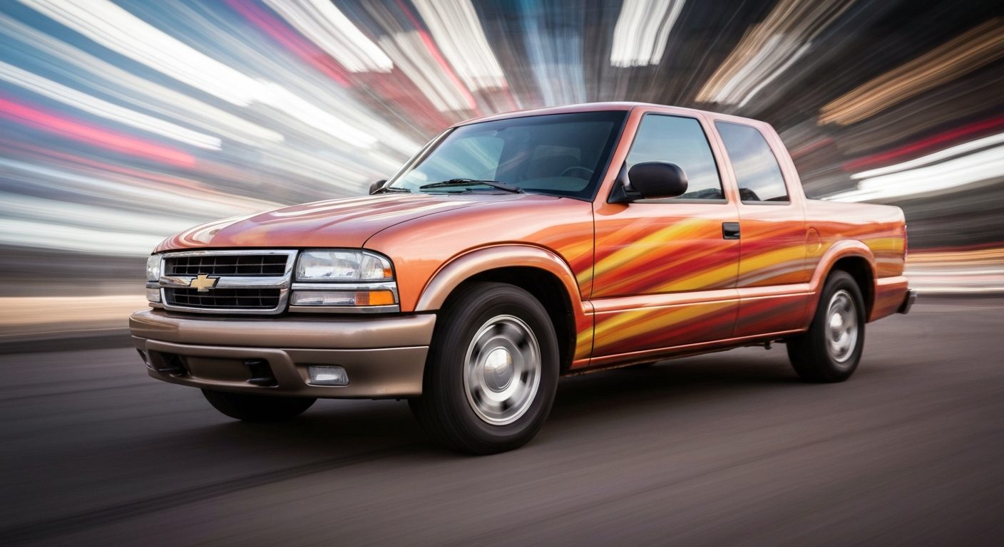 Sweeping, abstract streaks of vibrant color and chaotic motion convey the speed and modern engineering of a 2002 Chevrolet S-10 truck, conceptually representing the debate over historic vehicle definitions.