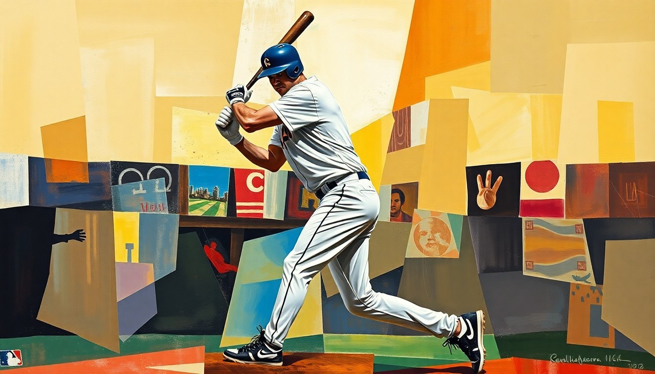 A fragmented, geometric painting depicting a baseball player in motion, with sharp planes of color and form representing the dynamic action of the game.