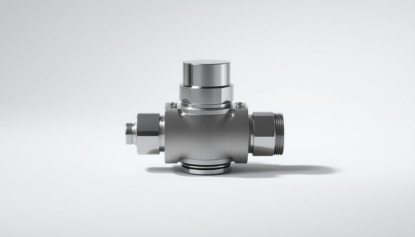 A highly detailed, photorealistic studio photograph of a polished, chrome-plated industrial valve or sensor component, elegantly arranged on a clean, white background and dramatically lit to symbolize the technical expertise and quality focus of the Waygate Technologies business.