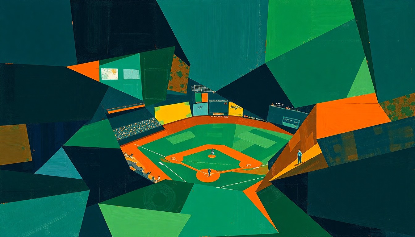 A fragmented, cubist-style painting depicting a baseball player in motion, with the figure and field broken down into sharp, overlapping planes of navy, green, and orange.