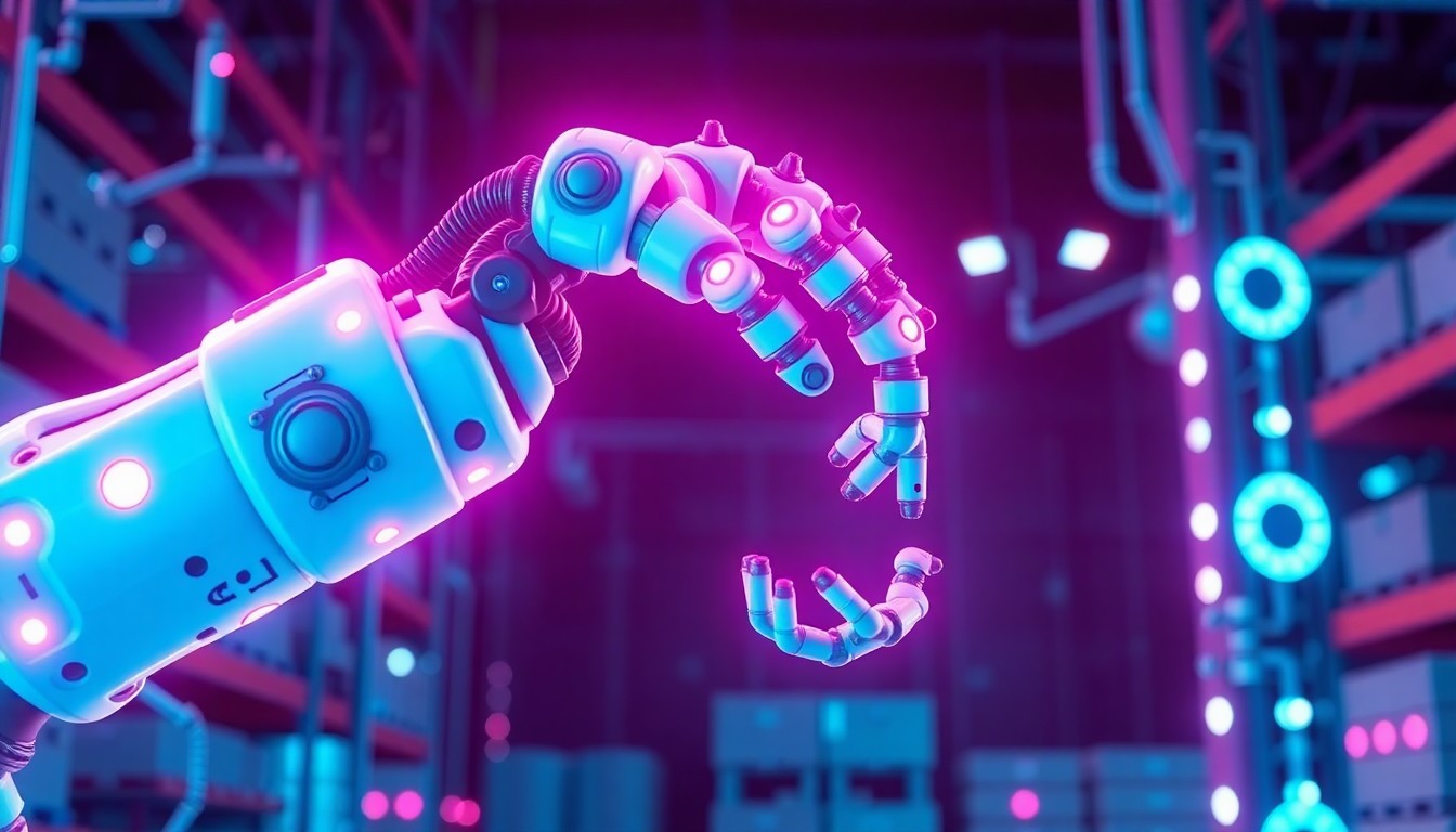 A highly detailed, glowing 3D illustration of a robotic arm with multiple joints and sensors, surrounded by a network of illuminated cables and circuitry, performing a delicate task to represent the collaboration between automation and human workers in a modern warehouse setting.