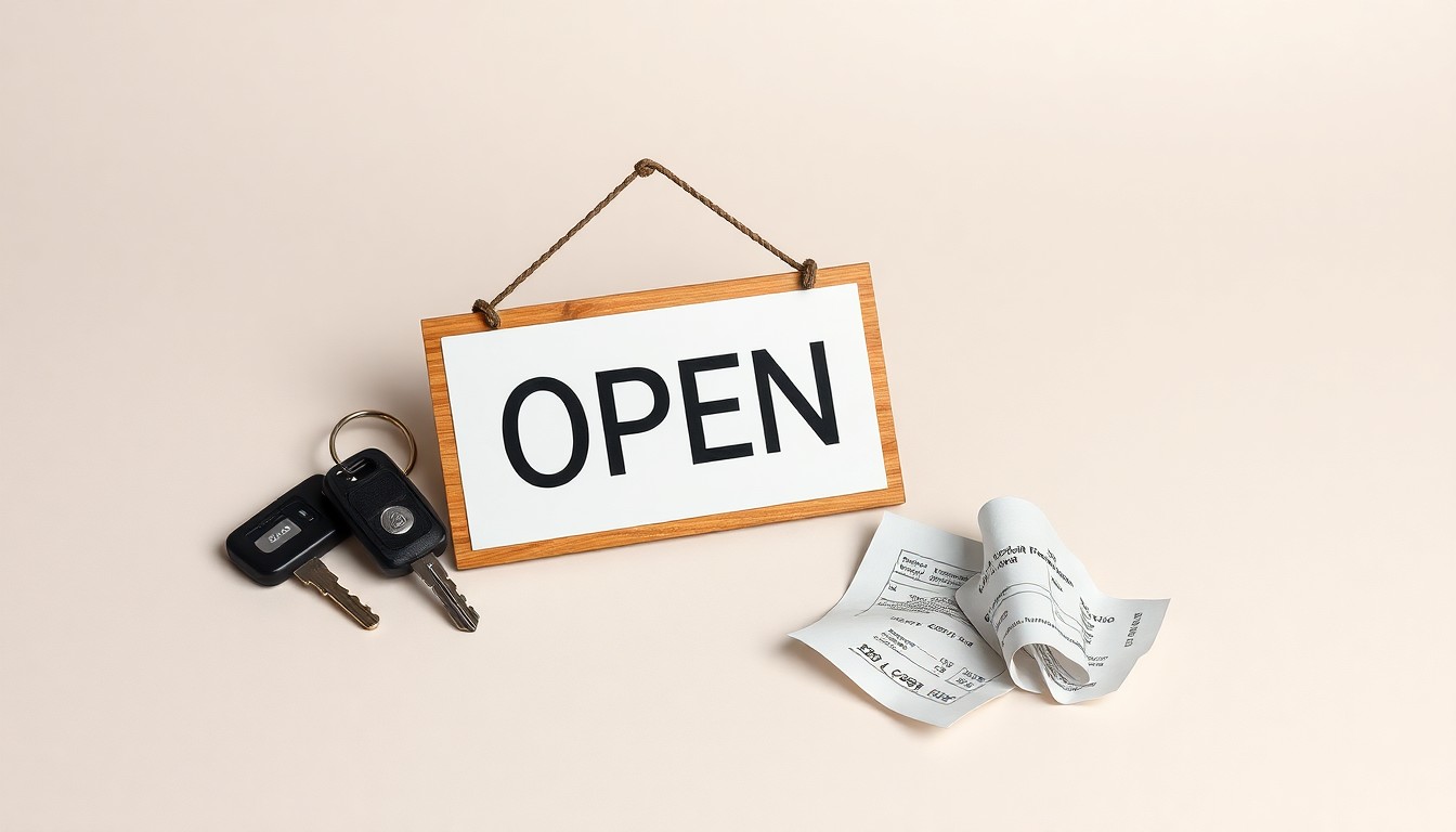 A photorealistic studio still life featuring a closed 'OPEN' sign, a set of car keys, and a crumpled receipt on a clean, monochromatic background, symbolizing the struggles of local businesses impacted by infrastructure projects.