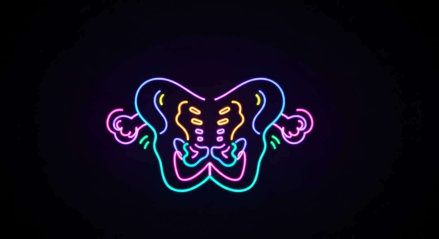 An abstract illustration of the human pelvis defined by glowing neon lines against a dark background, conceptually representing the availability of vasectomy services.