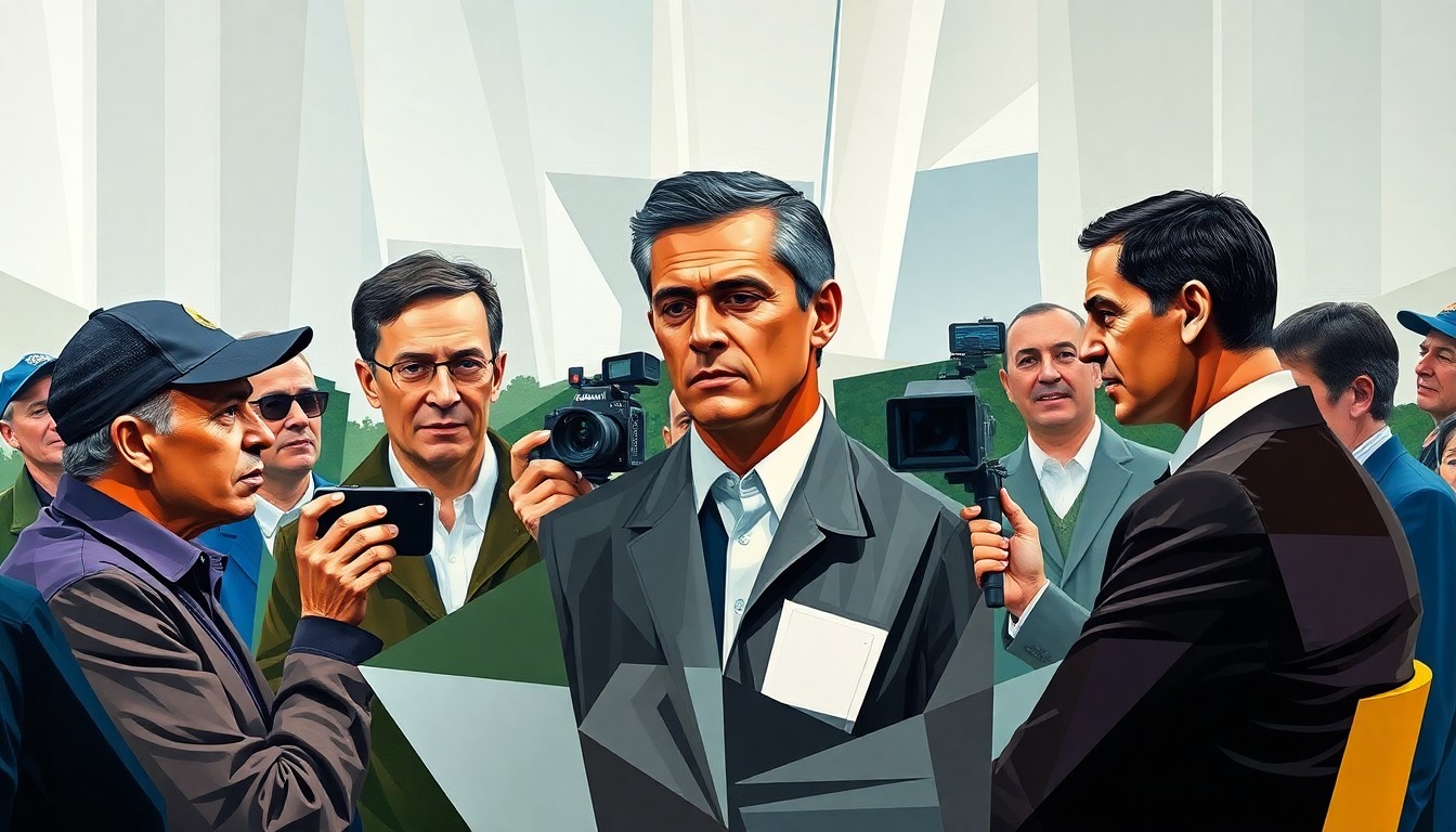 A cubist, geometric painting depicting fragmented scenes of Fernando Mendoza interacting with various people at the 2026 Masters Tournament, conveying the energy and excitement around his impending NFL draft selection.